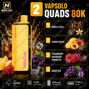 VapSolo Quads - #02 -🥤 Vaníliás Cola • 🍋 Citrom-Barack • 🍓 Epres-Málnás Cseresznye Jég • 🍇 Szőlő Jég