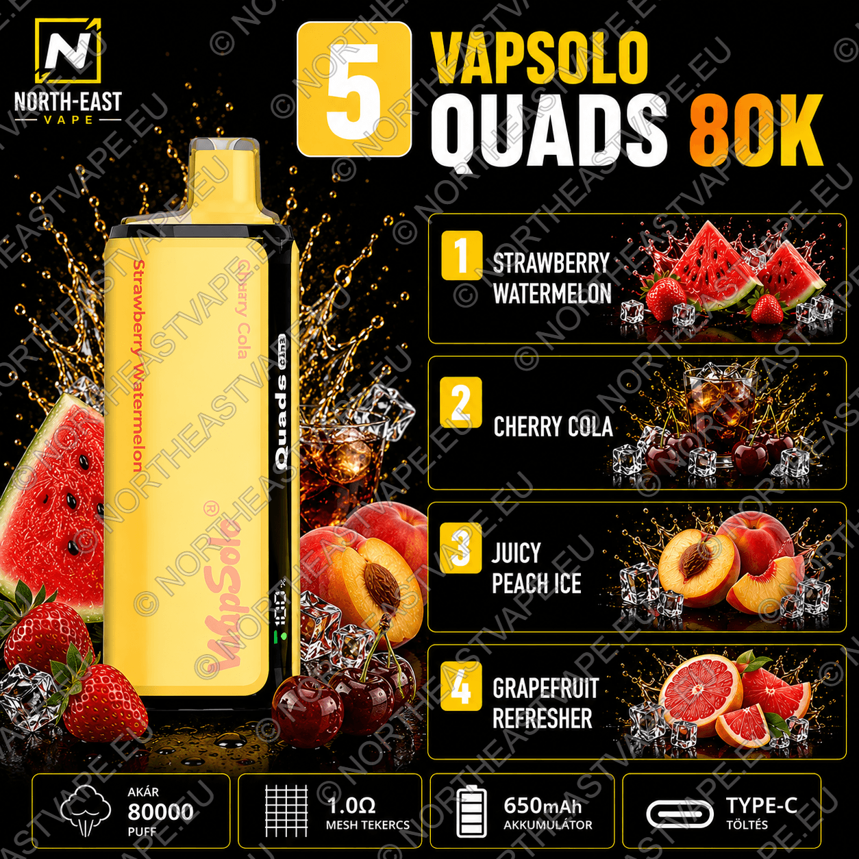 VapSolo Quads - #05 - 🍓 Epres Görögdinnye • 🥤 Cseresznyés Cola • 🍑 Jeges Barack • 🍊 Grapefruit Frissítő
