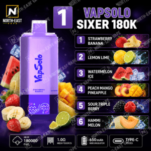 VapSolo Sixer - #01 - 🍓 Epres Banán • 🍋 Citrom-Lime • 🧊 Görögdinnyés Jég • 🍑 Barack-Mangó-Ananász • 🫐 Savanyú Tripla Bogyós • 🍈 Sárgadinnye