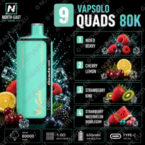 VapSolo Quads - #09 - 🫐 Erdei Gyümölcs Mix • 🍒 Cseresznye-Citrom • 🥝 Epres Kiwi • 🍓 Görögdinnyés Epres Rágó