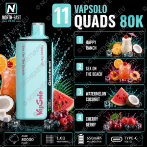 VapSolo Quads – #11 – 🤠 Happy Ranch • 🍹 Sex on the Beach • 🍉 Görögdinnye-Kókusz • 🍒 Cseresznyés Bogyós