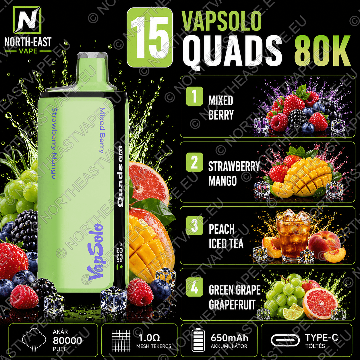 VapSolo Quads - #15 - 🫐 Erdei Gyümölcs Mix • 🍓 Eper-Mangó • 🍑 Barackos Jeges Tea • 🍇 Zöld Szőlő-Grapefruit